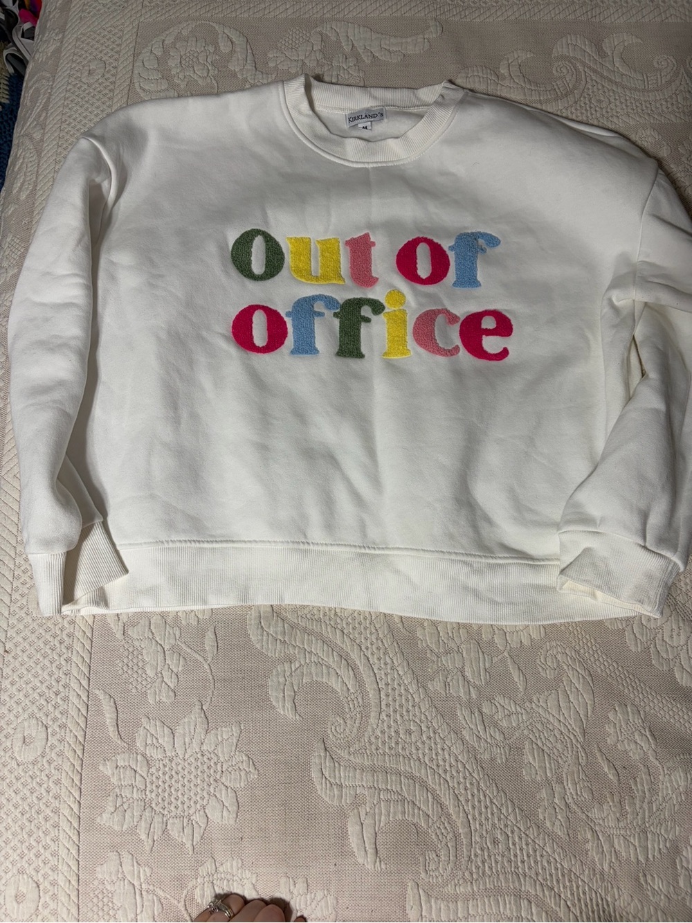 Out of Office White Crewneck Sweatshirt fuzzy colorful applique Like New funny